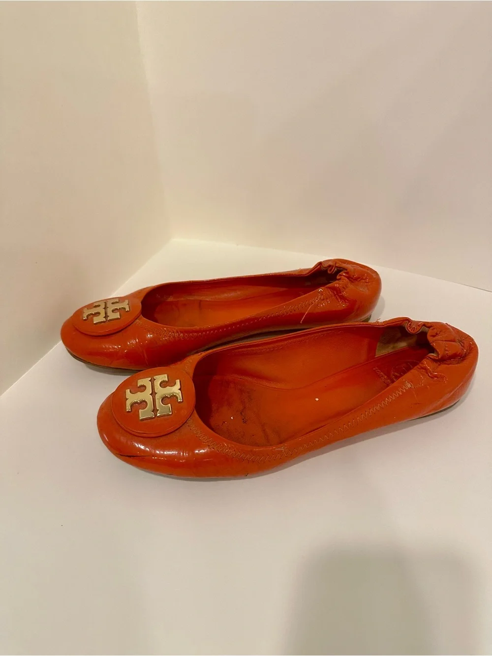 Tory Burch Orange Patent Leather Logo Ballet Flats